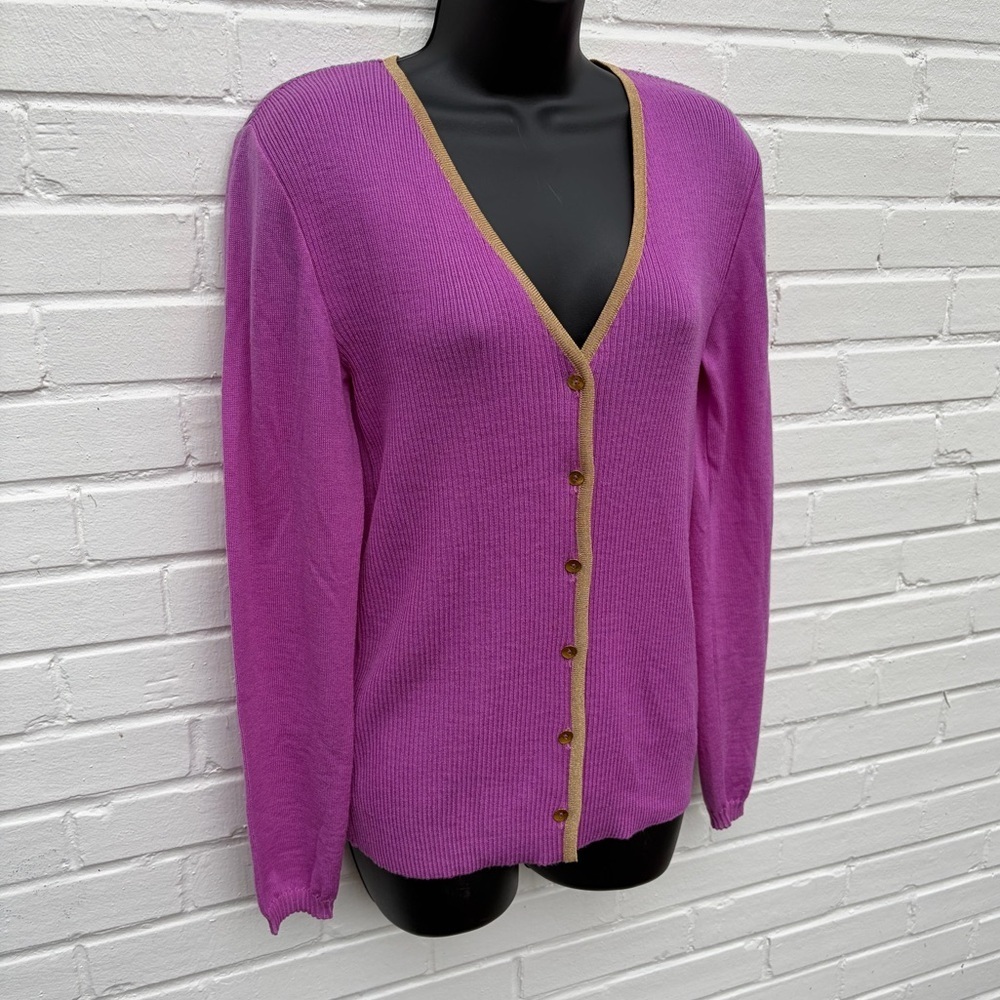 VTG Chantal Gaudreau Pink & Gold 100% Italian Virgin Wool Cardigan, SZ L VGUC - Picture 2 of 11